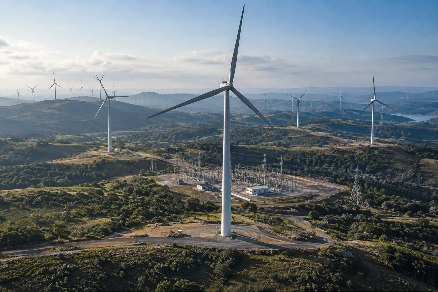 Parque eólico com aerogeradores e subestação