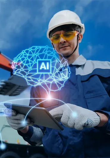 Engenheiro de capacete consultando um tablet, com ilustração de inteligência artificial