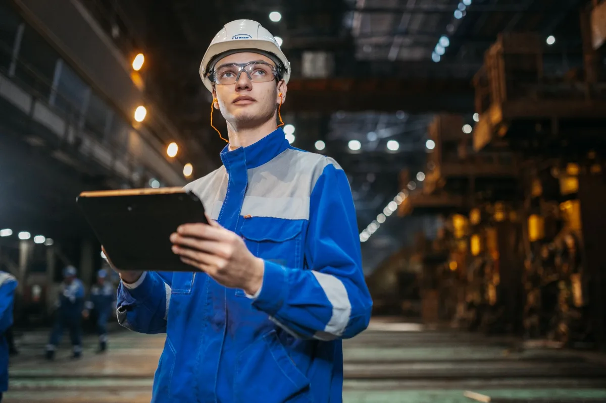 Engenheiro com equipamento de proteção consultando um tablet no chão de uma fábrica