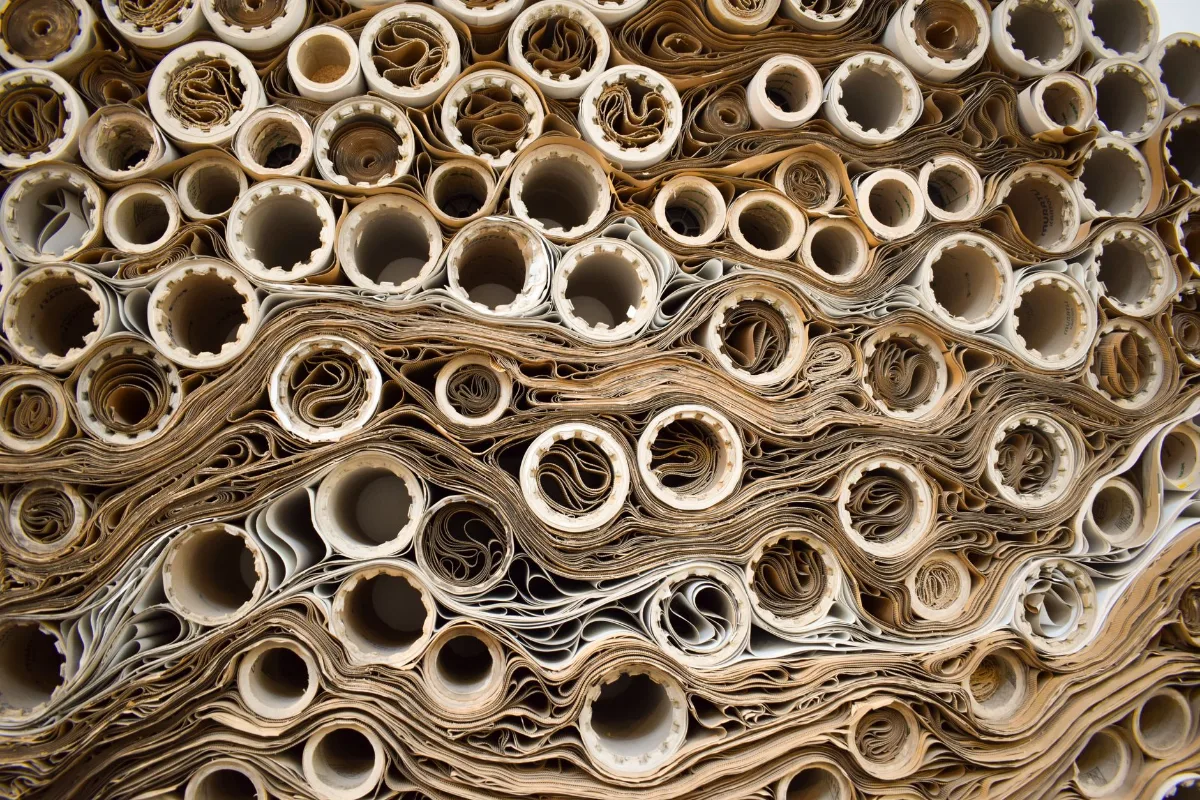 Bobinas e tubos de papelão enrolados e empilhados, vistos de frente, em ambiente industrial