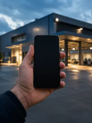 Mão segurando um celular em frente à fachada de uma empresa para buscar o perfil dela no Google Meu Negócio