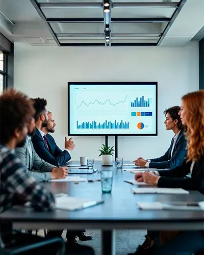Reunião de planejamento de marketing com gráficos de resultado