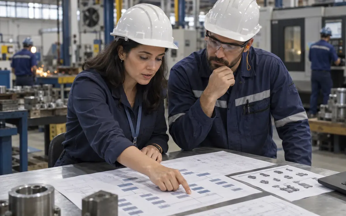 Profissionais analisando desenhos técnicos e amostras para estruturar respostas claras