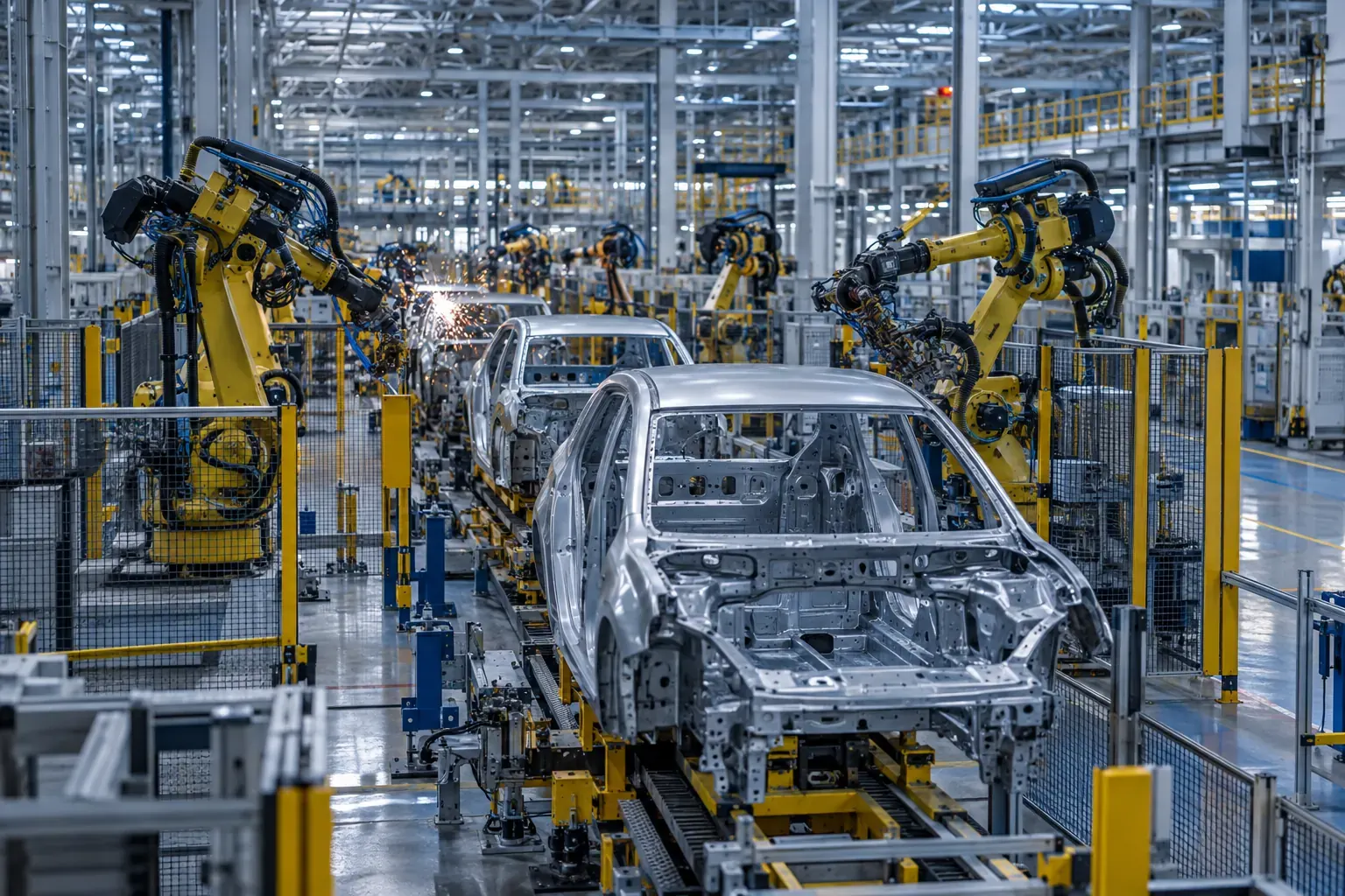 Linha de montagem automotiva com robôs