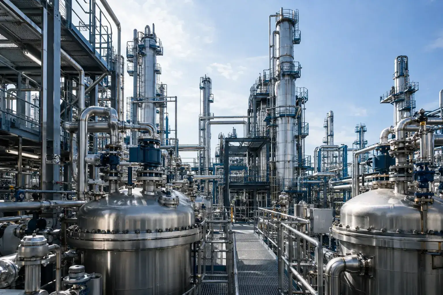 Planta da indústria química com tanques e tubulações