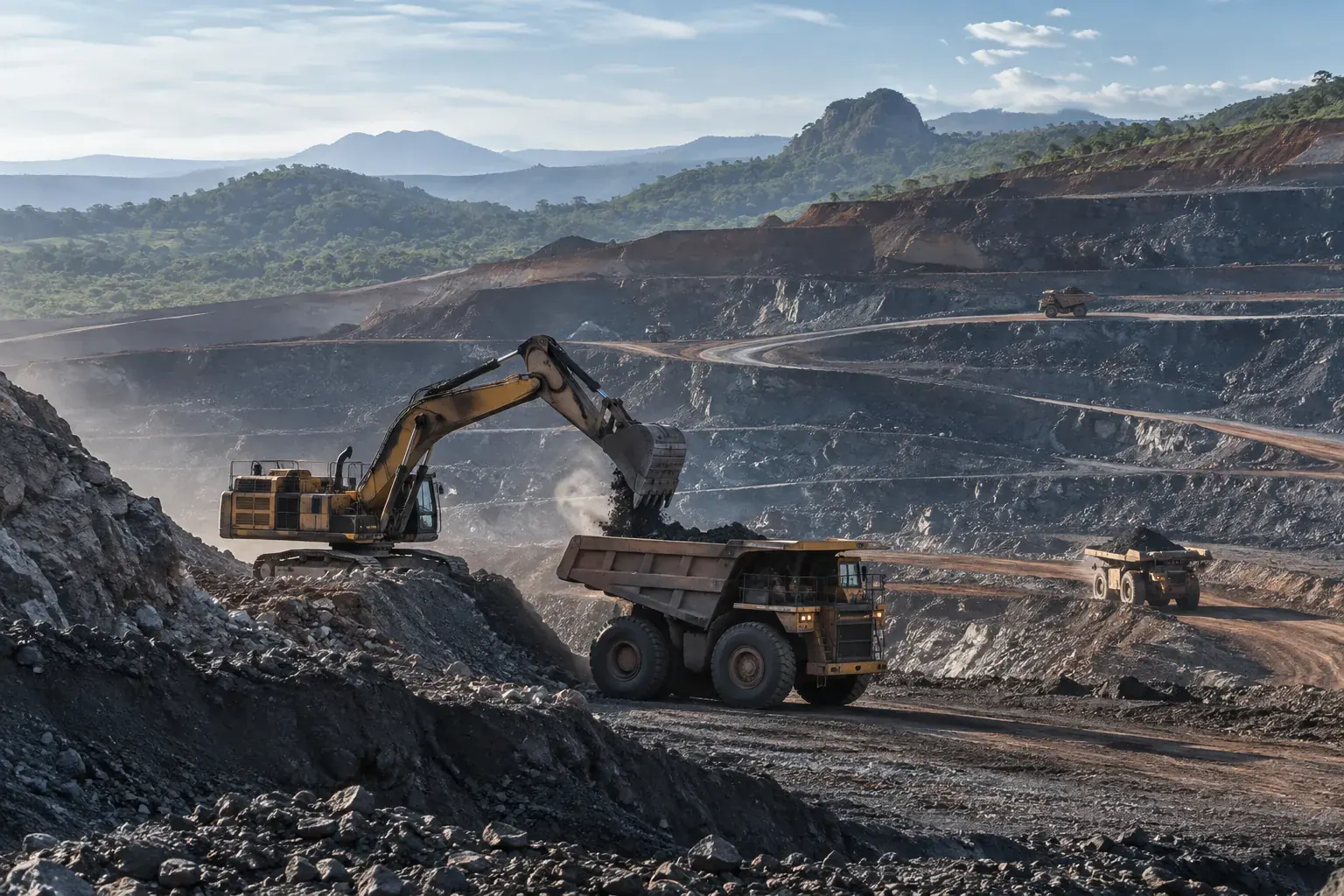 Operação de mineração com equipamentos pesados