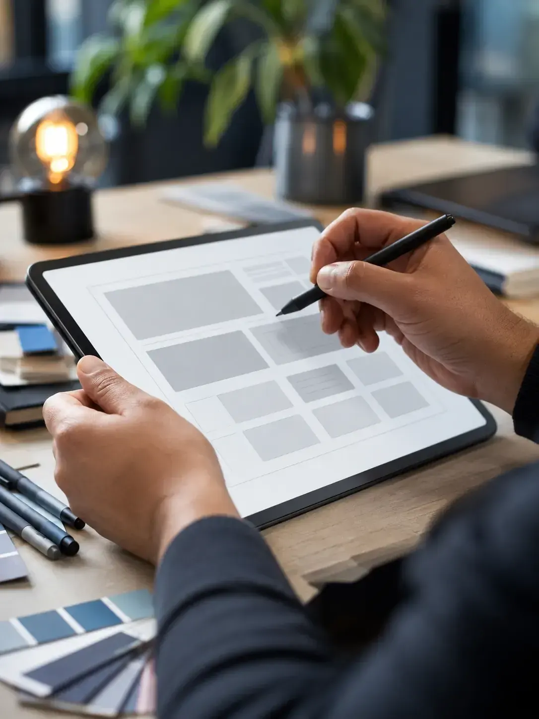 Designer esboçando em um tablet o layout do desenvolvimento de sites profissionais para empresas, com amostras de cores sobre a mesa